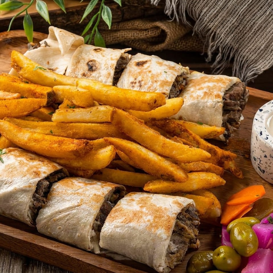 Shawarma wraps, golden fries, tahini dip, and pickled vegetables on a wooden platter.