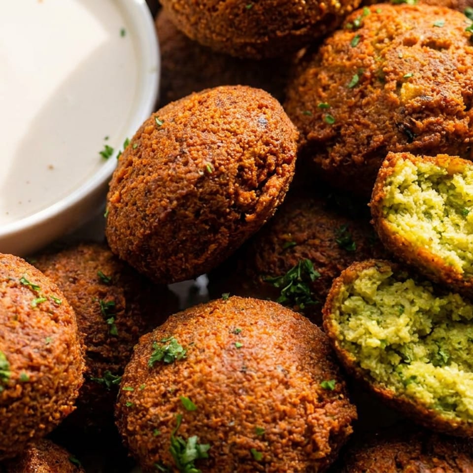 Crispy falafel, some split open to show the green interior, with a side of white sauce.
