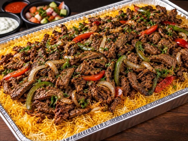 Steak Over Rice Half Tray.
